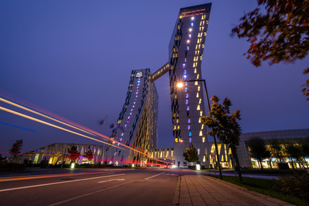 Hotel Bella Sky in Copenhagen, Denmark seen at nightのeditorial素材