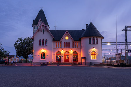 Halden station in southern Norway seen at duskのeditorial素材