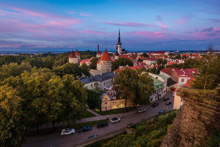 View of the old town in Tallinn, Estonia during a colourful sunsetの写真素材