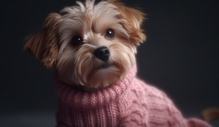 Yorkshire Terrier in a pink sweater on a dark background.の素材