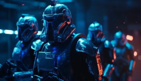 3D Illustration of a Futuristic Science fiction battle scene with a group of soldiersの素材