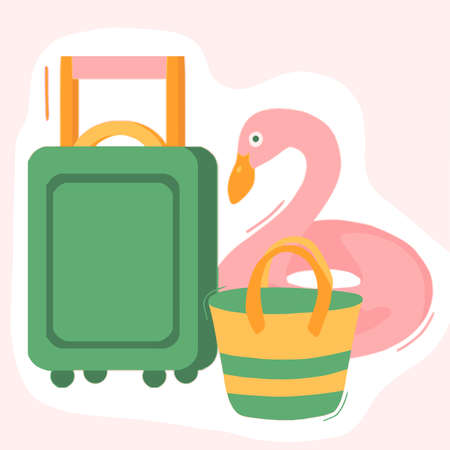 Vector color summer set illustration of Inflatable Lifebuoy Flamingo Suitcase Hand Luggage Beach Bag Green Pink Yellowのイラスト素材