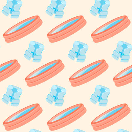 Seamless vector summer pattern with blue pink inflatable pool and life jacket vestのイラスト素材