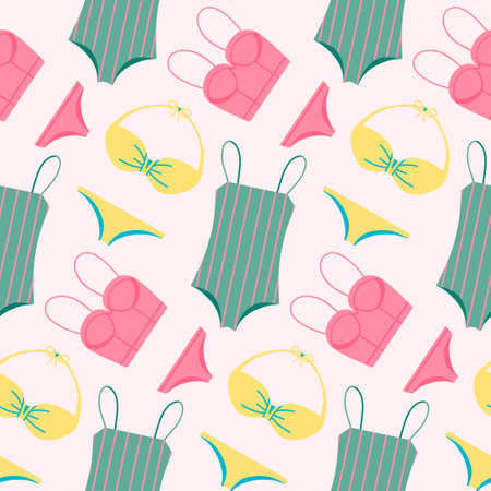 Seamless vector pattern of green yellow and pink swimwear and bikini on pink backgroundのイラスト素材