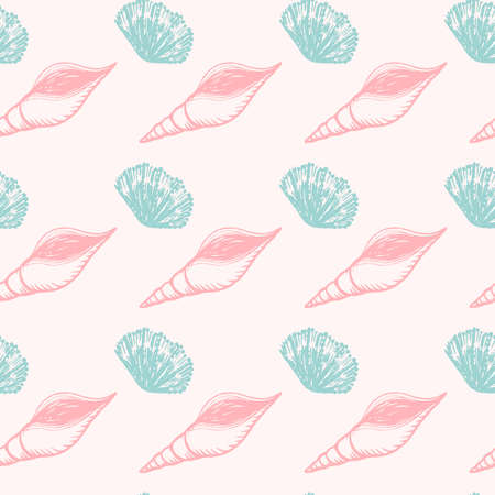 Seamless summer pattern of pink seashells and sea blue on a light backgroundのイラスト素材