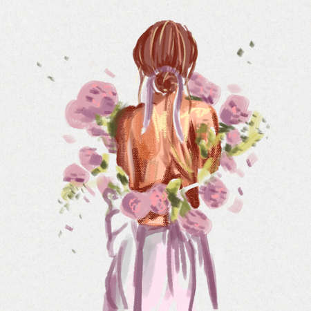 Wedding illustration bride in white dress with rosesの写真素材