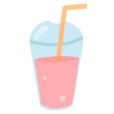 Vector color summer illustration of strawberry cocktail with straw in plastic cup and pink bubblesのイラスト素材
