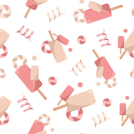 Seamless patterns on a white background in a flat style with elements of ice cream, lolipops and...