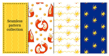 Three seamless pattern collection with elements cute foxes and stars. Texture for web page, greeting cards, posters and banners. Prints on fabric and paper.のイラスト素材