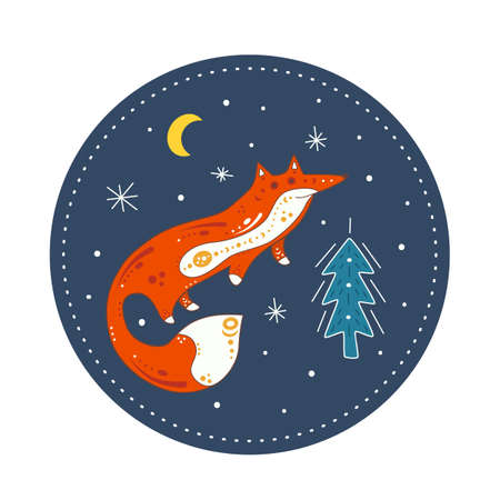 Cute poster with red fox on winter background. Isolated flat illustration of animal in doodle style. With fir and stars design element.のイラスト素材