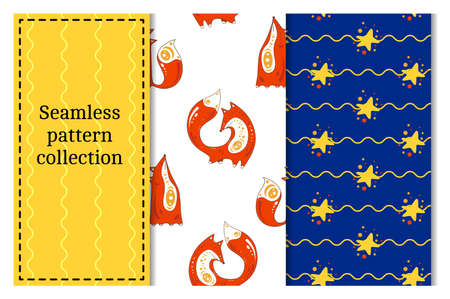 Two seamless pattern collection with elements cute foxes and stars. Texture for web page, greeting cards, posters and banners. Prints on fabric and paper.のイラスト素材