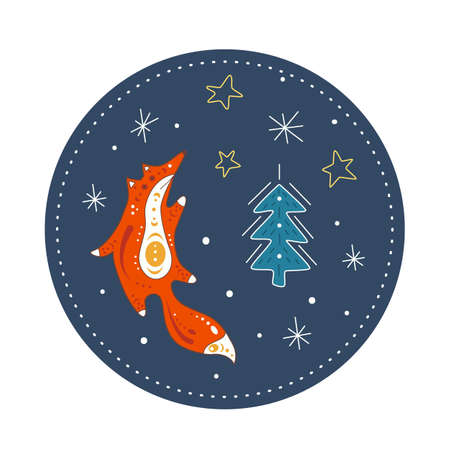 Cute poster with red fox on winter background. Isolated flat illustration of animal in doodle style. With snowflakes and stars design element.のイラスト素材