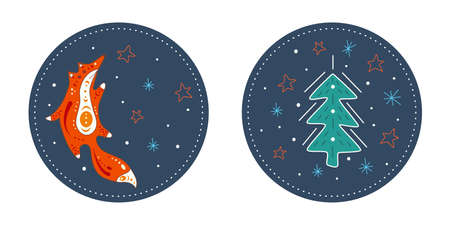 Cute poster with a red fox and fir on the background of winter. Isolated flat illustration of animal in doodle style. With a design element of spruce and stars.のイラスト素材
