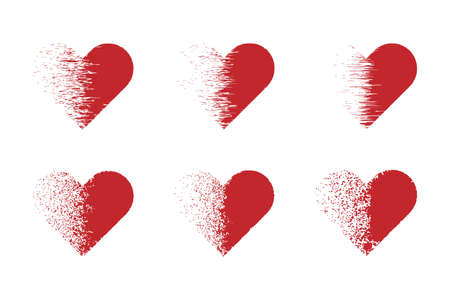 Set of heart with a dispersion effect. Red exploding hearts on white backgroundのイラスト素材