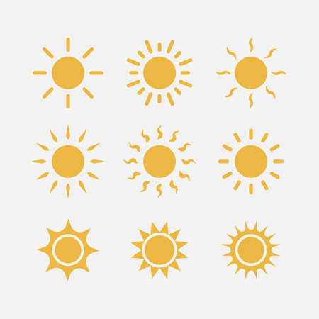 Yellow sun vector icon set. Isolated sunshine icon vector design. Designed for web and app design interfaces.のイラスト素材