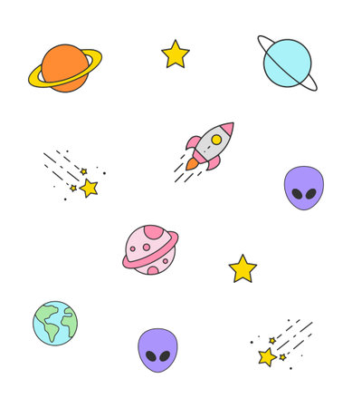 Cute planets and stars vector illustration. Solar system hand drawn vectorのイラスト素材
