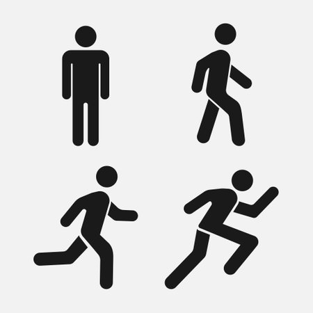 Vector illustration of man stands, walk and run icon set. People vector symbol. Person standing, walking and running illustration. Run, walk, stand. Vector illustrationのイラスト素材
