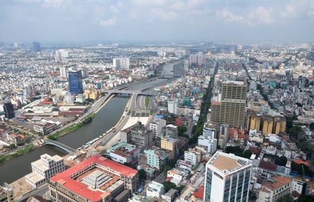 Panoramic aerial view of Ho Chi Minh City, Vietnam looking south from District One.のeditorial素材