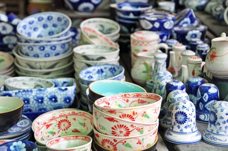 Pottery stall at the Hoi An Market, Vietnam  Includes locally made bowls, tea pots, salt and pepper shakers のeditorial素材