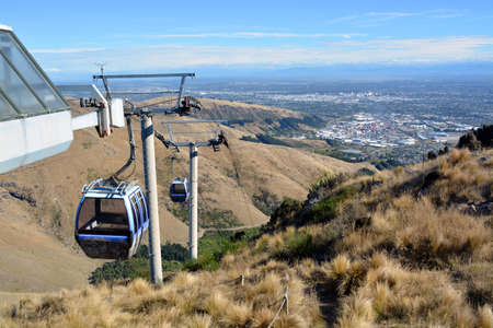 Christchurch Gondola viewed from the top of the Port Hills. In the background is the city of Christchurch, New Zealand.のeditorial素材