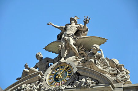 New York, USA - April 05, 2008  Closeup horizontal view of Grand Central Terminal facade including scupture and clock のeditorial素材