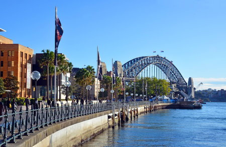 Sydney Harbour Bridge from Circular Quay with Museum of Contemporary Art Gallery in the foregraound.のeditorial素材