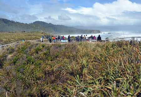 Punakaiki, New Zealand - October 31, 2014: Tourists Taking Photos at Punakaiki Rocks on the West Coast.のeditorial素材