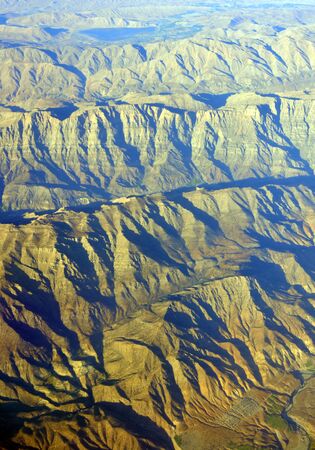 Aerial View of Rugged South Iran Mountains, lake, valleys and Desert.の写真素材