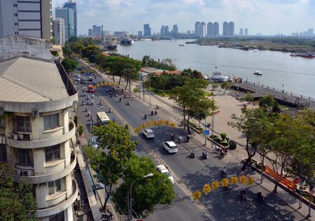 Ho Chi Minh City, Vietnam - April 07, 2015: Panoramic aerial view of the Saigon River, port, Ton Duc Thang street and the City in the afternoon.のeditorial素材