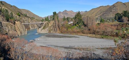 Panoramic view of the Waiau River and Hanmer Bridge in the middle of Winter, North Canterbury, New...