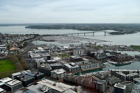 Panoramic aerial view of Auckland City &  Waitemata Harbour looking northwest to the  iconic...