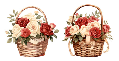 Basket with roses, valentine's day, isolated vector illustration.のイラスト素材