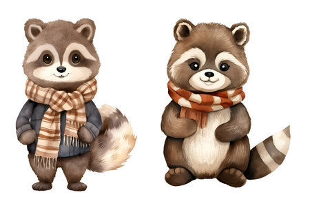 Cute raccoon watercolor clipart illustration with isolated backgroundの素材