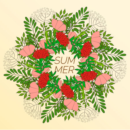 Summer floral background in the form of a wreath of flowers and green leaves.