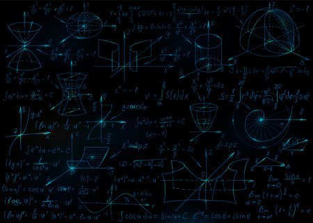 Mathematical formulas drawn by hand on the black chalkboard for the background. Vector illustration.のイラスト素材