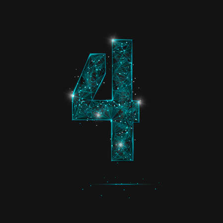 Abstract isolated blue image of a number four. Polygonal illustration looks like stars in the blask night sky in spase or flying glass shards. Digital design for website, web, internet.のイラスト素材