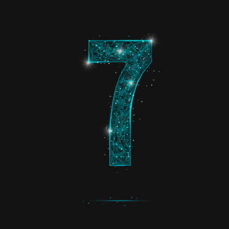 Abstract isolated blue image of a number seven. Polygonal illustration looks like stars in the blask night sky in spase or flying glass shards. Digital design for website, web, internet.のイラスト素材