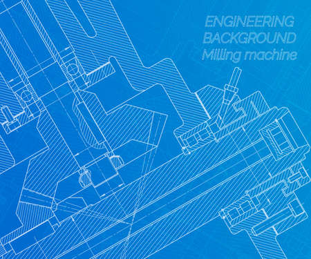 Mechanical engineering drawings on blue background. Milling machine spindle. Technical Design. Cover. Blueprint. Vector illustration.のイラスト素材