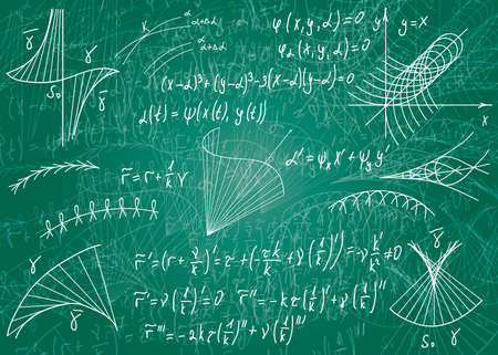Mathematical formulas drawn by hand on a green unclean chalkboard for the background. Vector illustration.のイラスト素材