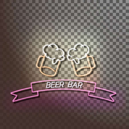 Beer bar neon light banner on a transparent background. Orange and pink sign. Decorative realistic retro elementのイラスト素材