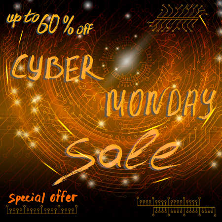 Orange futuristic technological background in cyberpunk style. Cyber monday. The inscription is painted by hand with brush. Lettering for design of postcards, calendar, poster, banner.のイラスト素材