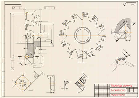 Mechanical engineering drawings on beige technical paper background. Cutting tools, milling cutter....