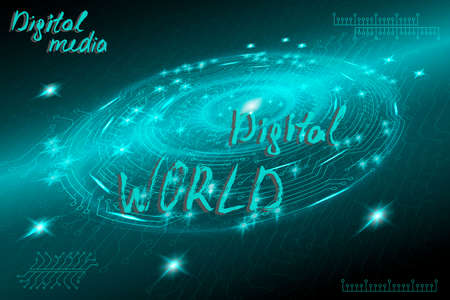 Blue futuristic technological background in cyberpunk style. Digital art. The inscription is painted by hand with brush. Lettering for design of postcards, poster, banner. Vector illustration.のイラスト素材