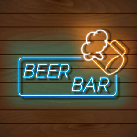 Beer bar neon light banner on a wooden wall. Blue and orange sign. Decorative realistic retro element for web designのイラスト素材
