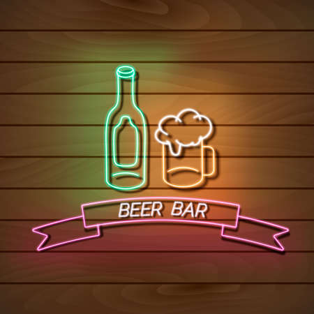 Beer bar neon light banner on a wooden wall. Green and pink sign. Decorative realistic retro element for web designのイラスト素材