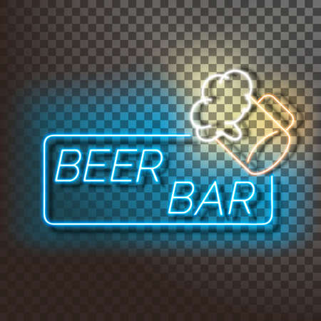 Beer bar neon light banner on a transparent background. Blue and orange sign. Decorative realistic retro elementのイラスト素材