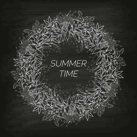 Summer floral background in the form of a wreath of cornflowers and leaves drawn by hand on the black unclean chalkboard. For the design of postcards, brochures, flyers. Coloring page.のイラスト素材