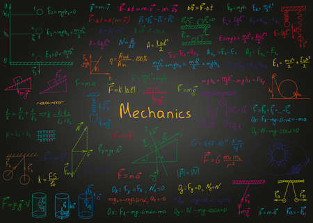 Physics colorful formulas drawn by hand on a black chalkboard for the background. Vector...