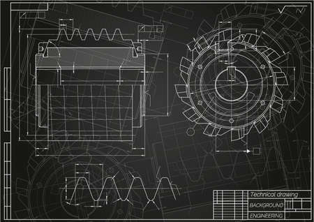 Mechanical engineering drawings on black background. Cutting tools, milling cutter. Technical Design. Cover. Blueprint. Vector illustration.のイラスト素材