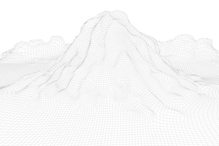 Abstract vector wireframe landscape background. 3D futuristic mesh mountains. 80s Retro...